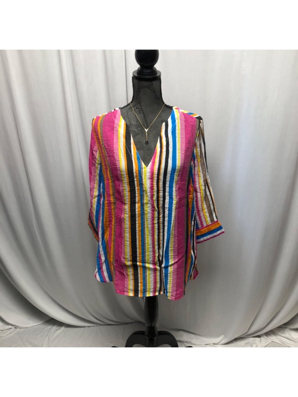 Passports Colorful Striped Tunic Womens Sz Medium 8-10 Lightweight Sheer V-Neck